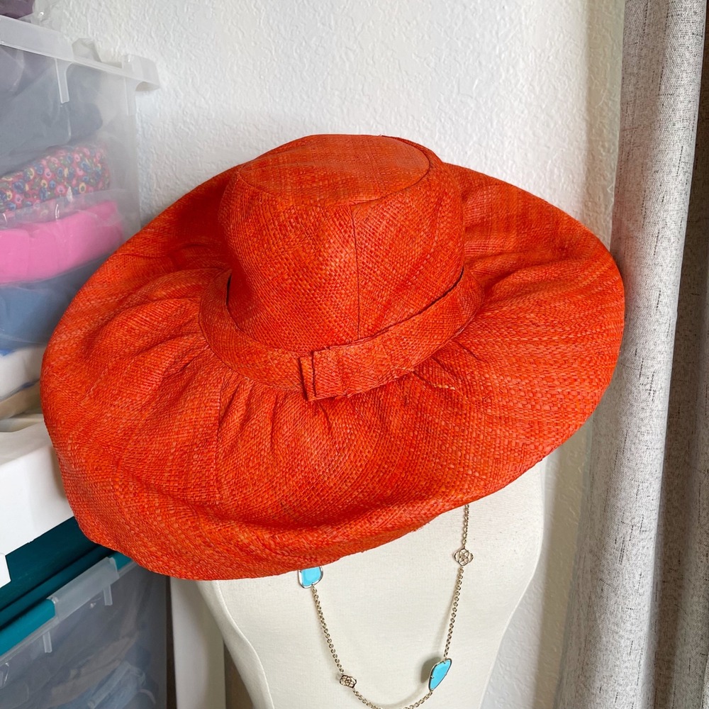 Shebobo Orange Red 100% Raffia Handmade Madagascar Wide Brim Floppy Sun Hat